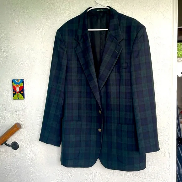 HUNTING HORN DESIGN FOR J. RIGGINGS WOOL BLEND TARTAN PLAID Navy Green Size 42L - Picture 1 of 9